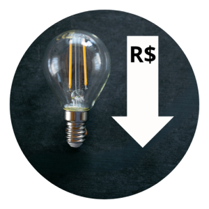 Lâmpada, com uma seta ao lado, apontada para baixo, com o símbolo de cifrão no meio, passando a ideia de economia energética. 
