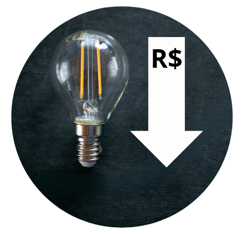 Lâmpada, com uma seta ao lado, apontada para baixo, com o símbolo de cifrão no meio, passando a ideia de economia energética.